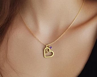 Personalized Birthstone Necklace: Initial Heart Pendant, Gold-Plated Sterling Silver