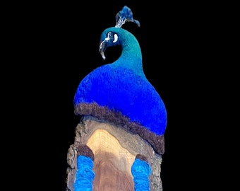 Peacock sculpture, needle felted animal and walnut slab art, faux animal taxidermy, bird wall art