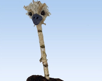 Ostrich sculpture, birch branch and felted ostrich, bird sculpture, faux animal taxidermy, needle felted bird