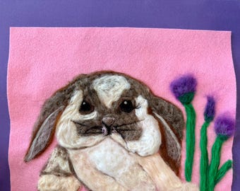Needle Felted Bunny Picture, Wool Watercolor, Floppy Ear Rabbit