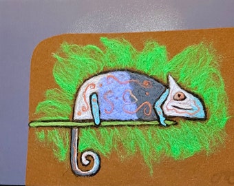 Wool painting of chameleon, needle felted picture
