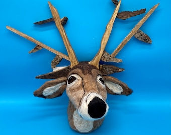 Deer sculpture, needle felted animal head, faux animal taxidermy, wood wall art, deer mount, fake deer head, fireplace mantle decor