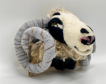 Needle felted sheep ram, needle felted animal and wood wall art, goat sculpture, faux animal taxidermy