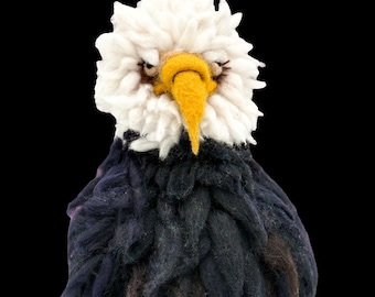 Elam the Eagle: A Whimsical Needle Felted Tribute to the Skies, bird sculpture, artisan crafted eagle on live edge walnut base, animal core
