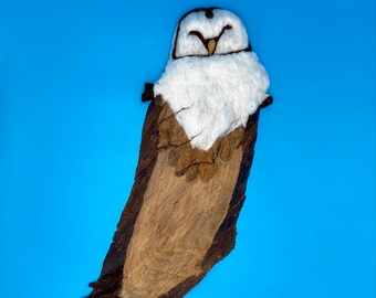 Needle Felted Barn Owl Sculpture, Live Edge Wood, Handmade Wall Hanging