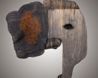 Felt and wood elephant, custom felt wall hanging, elephant sculpture, faux animal taxidermy