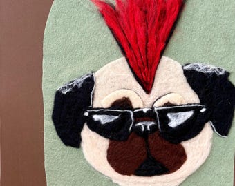 Punk rock pug Wool dog painting, Mohawk and studded collar, dog lover gift, pet lover gift, handmade Christmas gift