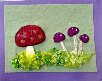 Wool watercolor of adorable mushrooms, great 7th anniversary gift, cottage core original art, fairy garden