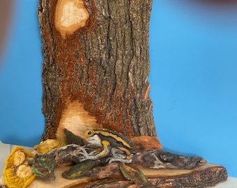 Bullfrog sculpture, Needle felted animal art, felt art on live edge maple shelf, felted frog, felted leaves