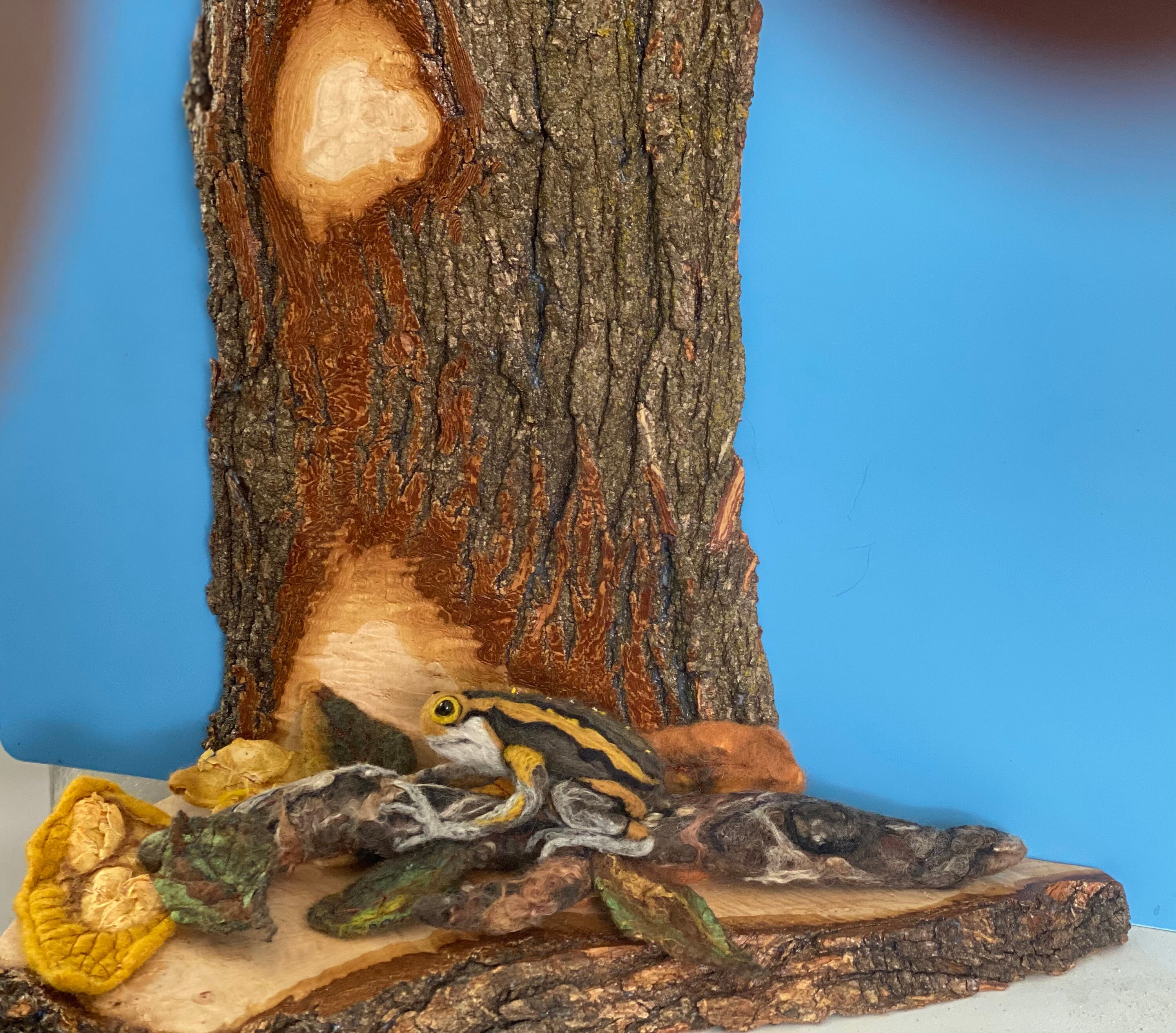 Bullfrog sculpture, Needle felted animal art, felt art on live edge maple shelf, felted frog, felted leaves, handmade Christmas gift