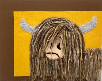 Wool painting of highland cow, needle felted picture, hairy coo, felted cow, yak