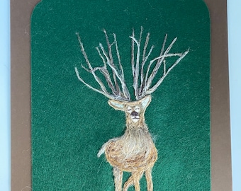 Wool painting of deer, needle felted picture