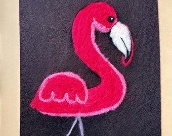 Wool painting of pink flamingo, needle felted picture, florida bird art