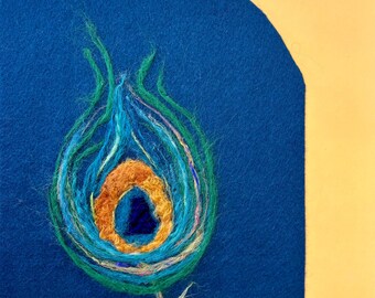 Wool watercolor of peacock feather , great 7th anniversary gift, cottage core original art