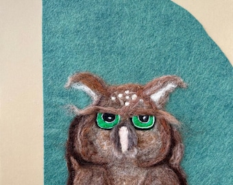 Wool watercolor owl, needle felted bird picture, original art