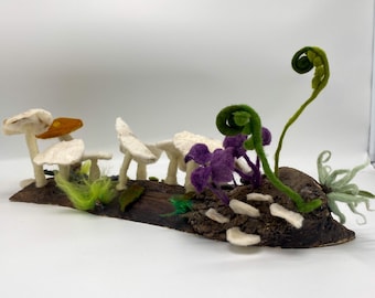 Felt mushrooms and moss on live edge ash slab | cottagecore decor, handmade Christmas gift