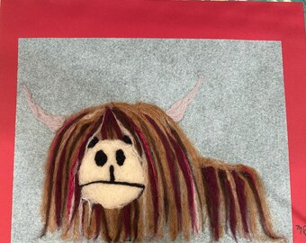 Wool painting of highland cow, needle felted picture, hairy coo, felted cow, yak