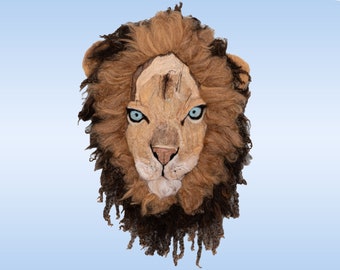 Lion head sculpture, needle felted animal head, faux animal taxidermy mount, felt lion, hand made art, safari decor, life size lion