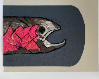 Wool painting of salmon, needle felted picture