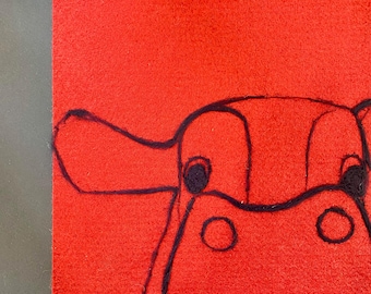 Wool cow painting, needle felted picture, felted cow, hand drawn cow picture, cow drawing, hot pink cow, cow lover gift