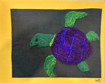 Wool painting of sea turtle, needle felted picture