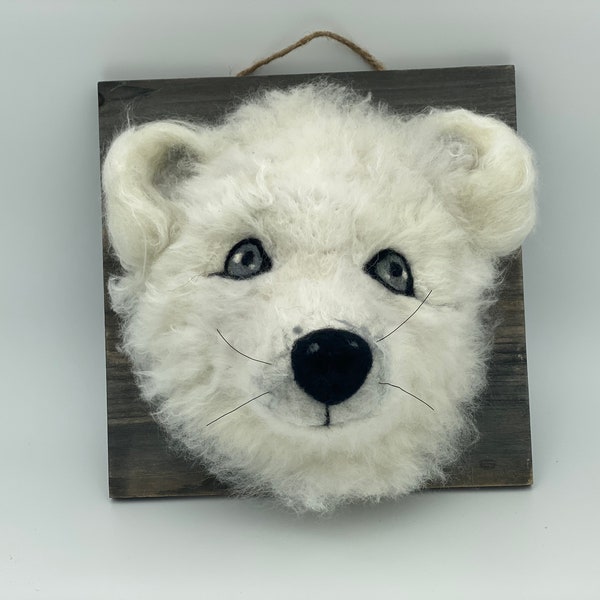 Needle felted arctic fox head wall mount, faux animal taxidermy, felt animal head