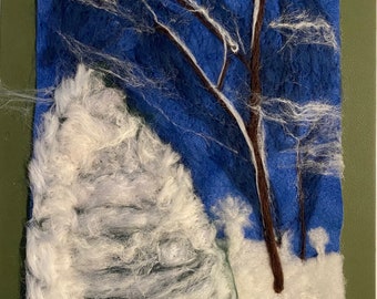 Wool painting of winter forest, felt picture, felted Christmas scene