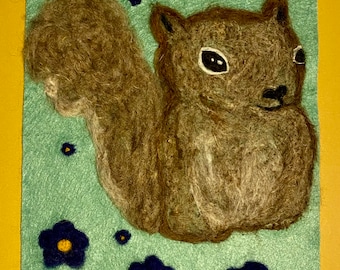 Wool painting of squirrel, needle felted picture, felted squirrel, fat squirrel picture, fat squirrel drawing
