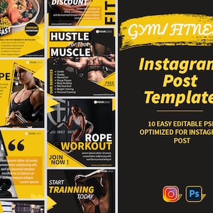 GYM & FITNESS Instagram Post Template Collection - Fitness and Gym, Workout, Personal Trainer, Exercise Post Template, Adobe Photoshop PSD
