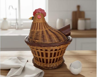 Vintage 1960s Wicker Chicken Basket | Hand-Woven Hen on Nest | Mid-Century Kitchen Decor