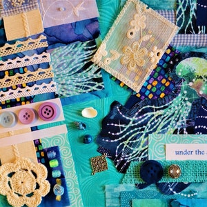Under the Sea Large Slow Stitch Kit - Mindful stitching, handstitching, snippet rolls, journals, fabric bundle, cards, mixed media. #2311