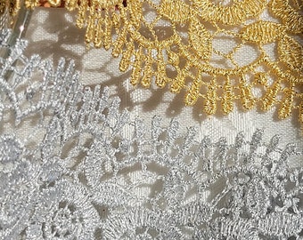 Sparkly 2.5" gold or silver venise floral trim. 2.65 per yard. Perfect for dressmaking, holiday decorating, crafting and more. Asst 2255