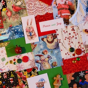 Holiday Christmas Winter Fabric Collage Kit / Slow Stitch Kit - Large - Also for handstitching, snippet rolls, mixed media. # 2341