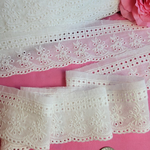 Broderie Anglaise or eyelet cotton trim 2" wide. 2.99 per yard. Dressmaking, christening gowns, home dec, crafts, DIY. Item 2244