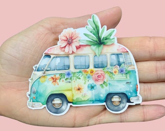 Floral Hippie Van, Vinyl Sticker, Water Resistant Sticker, Laptop Sticker, Notebook Sticker, Water bottle Sticker