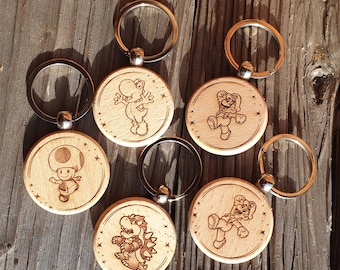 Llavero de madera de Super Mario | Varios personajes para elegir | Yoshi | Bowser | Luigi | Toad | Con logo