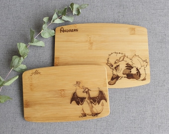 Pokemon Frühstücksbrett verschiedene Pokémon Glurak Schiggy Pikachu Relaxo Arkani Drache Holz Bambus Geschenk