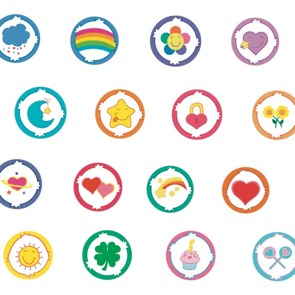 Care Bears-badges in SVG- en PNG-bestanden | Digitale downloadset | Troetelbeertjes buikbadges bundel | Troetelbeertjes clipart | Troetelbeertjes Cricut