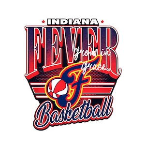 May include: A graphic for the Indiana Fever basketball team. The design features the word "FEVER" in red and blue, with "INDIANA" above and "Basketball" below. A basketball and the letter "F" are in the center.