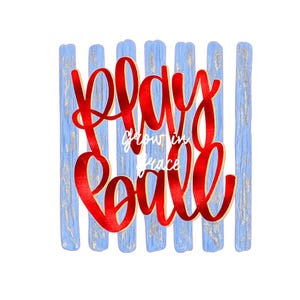 May include: A digital art print with the words "Play Love" in a vibrant red script, with "grow in grace" in a smaller font. The text is set against a backdrop of vertical light blue and gold-toned stripes on a white background.
