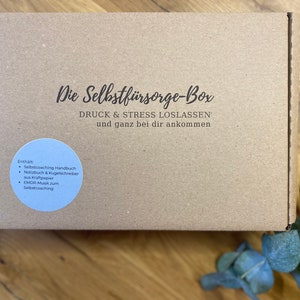 Könnte beinhalten: Ein brauner Karton mit dem Text "Die Selbstfürsorge-Box DRUCK & STRESS LOSLASSEN und ganz bei dir ankommen" auf der Oberseite. Ein blauer Aufkleber mit dem Text "Enthalt Selbstcoaching Handbuch Notizbuch & Kugelschreiber aus Kraftpapier EMDR-Musik zum Selbstcoaching" befindet sich auf der linken Seite der Box.