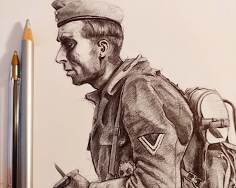 Dessin original de Soldat au stylo Bic noir et crayon de couleur gris argenté format 30.40