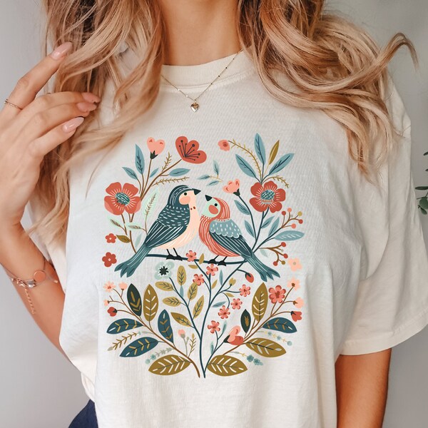 Cottagecore Birds and Flowers Shirt, Birds and Flowers Gifts, Scandinavian Folk Art Shirt, Comfort Colors Shirt, Bird Nerd Shirt Gift