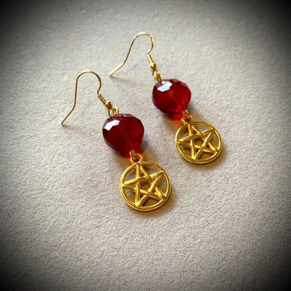 Gold Pentagram Earrings w/ Red Glass Bead - 14K Gold Earring Hooks