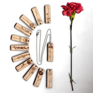 Collier de fleurs de naissance en bois | Pendentif en bois gravé avec boîte cadeau et carte de signification de fleur