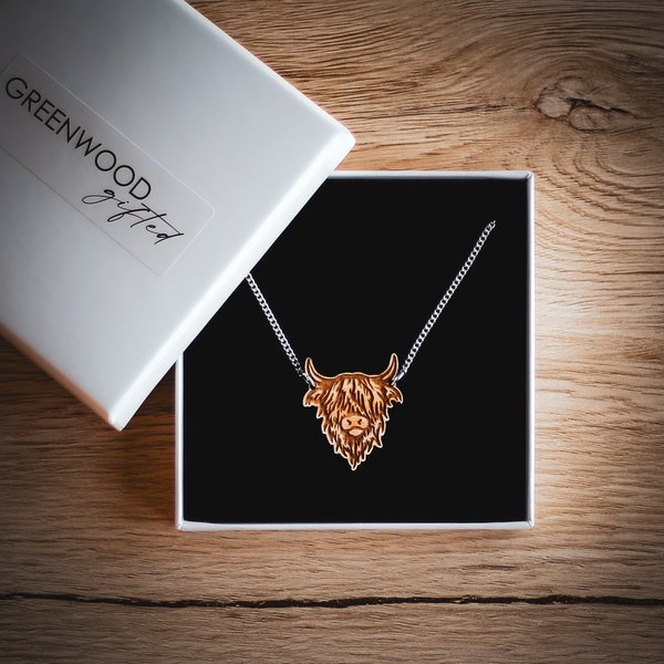 Highland Cow Wooden Necklace - Gift Box Included - Variable & adjustable silver plated chain, original wood engraving