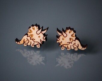 Wooden Dinosaur Stud Earrings | Laser Engraved Triceratops Studs with Gift Box