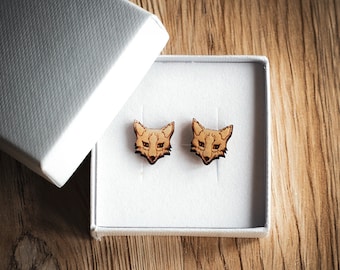 Boucles d'oreilles clou renard | Clous d'animaux en bois gravés | Coffret cadeau inclus | Cadeaux pour les amoureux du renard