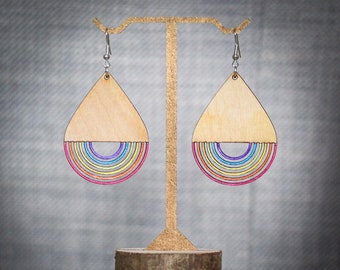 Rainbow Hand Painted Teardrop Earrings | Gift Box Included | Light Wood Earrings | Rainbow Earrings | Rainbow Jewellery | Wooden Earrings