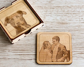 Set of 4 Personalised Photo Coasters with holder | Custom Coaster set | Personalised tableware | Pet coasters | Wedding coasters